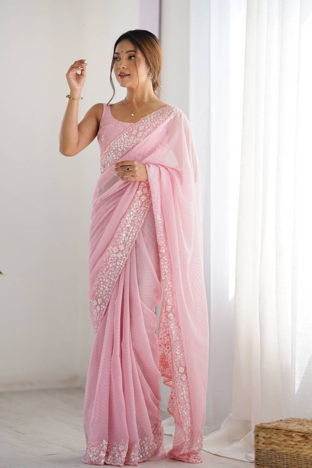 Pink Printed Georgette Saree