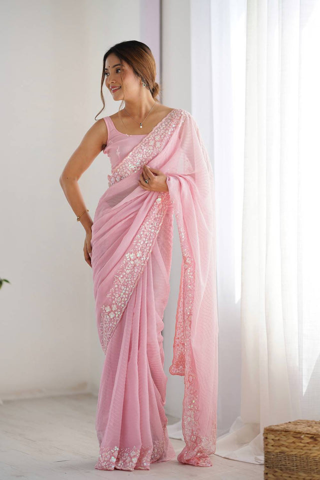 Pink Printed Georgette Saree