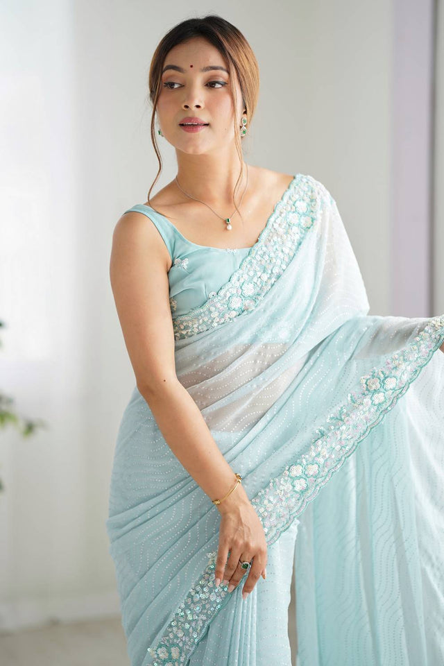 Sky Blue Printed Georgette Saree