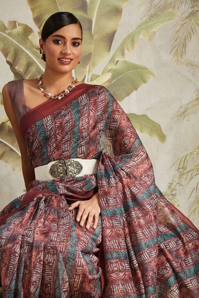 Maroon Digital Printed Cotton Ready to Wear Saree