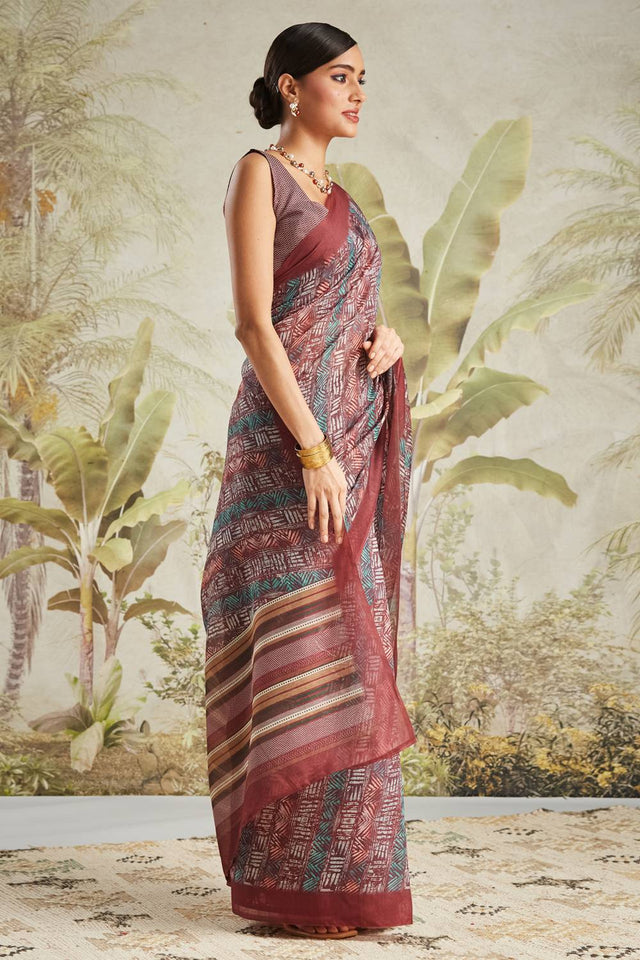Maroon Digital Printed Cotton Ready to Wear Saree