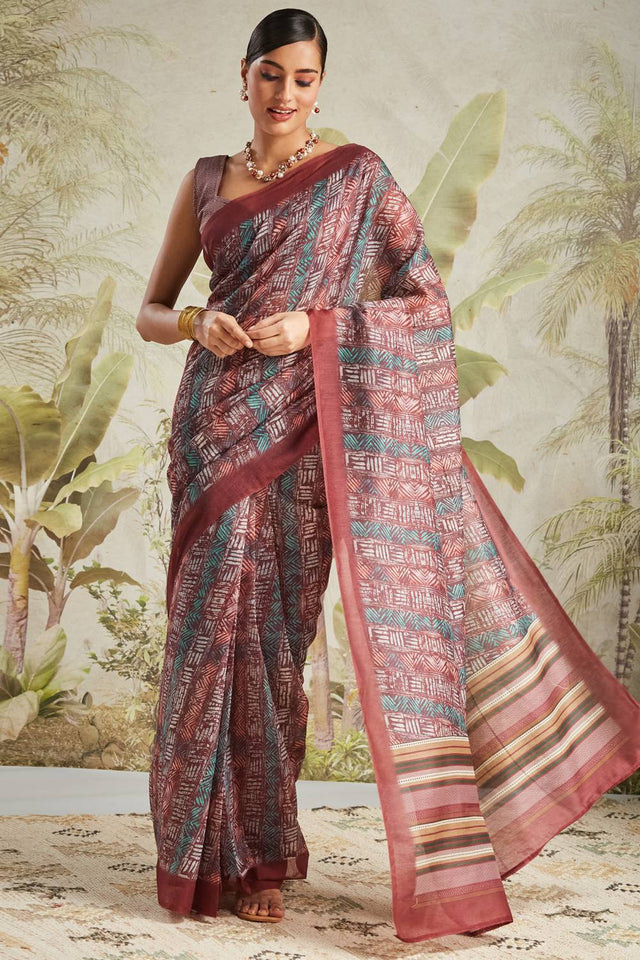 Maroon Digital Printed Cotton Ready to Wear Saree