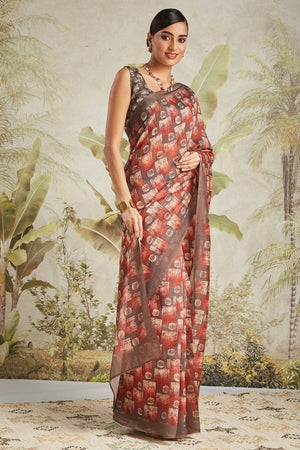 Brown Digital Printed Cotton Ready to Wear Saree