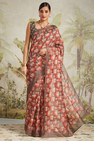 Brown Digital Printed Cotton Ready to Wear Saree