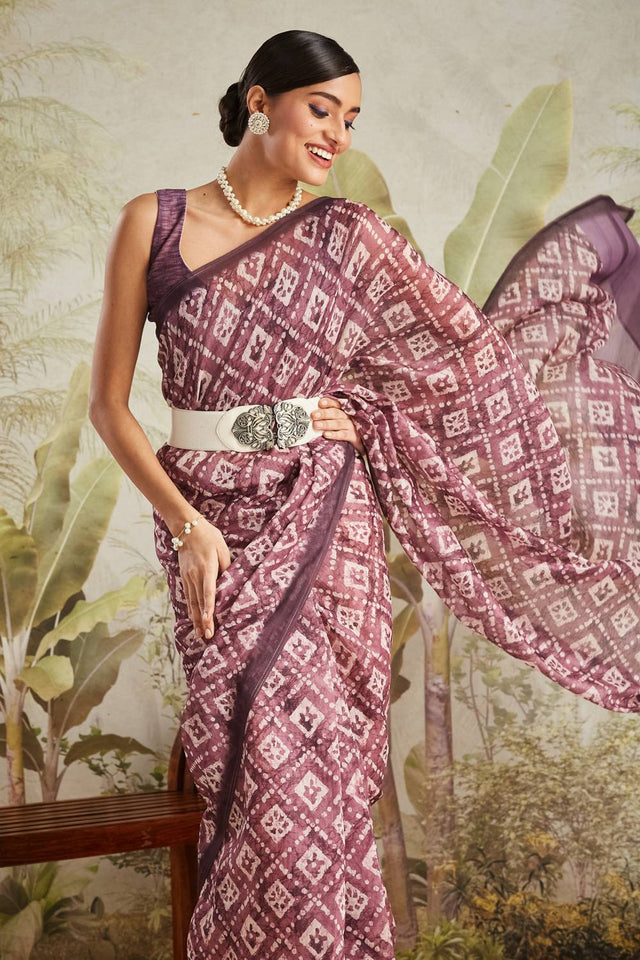 Wine Digital Printed Cotton Ready to Wear Saree