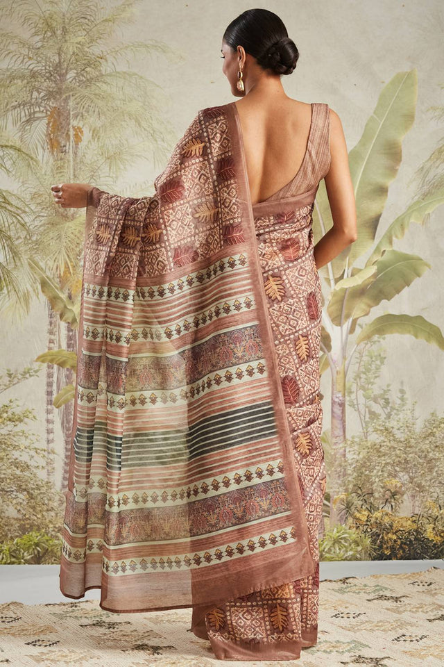 Brown Digital Printed Cotton Ready to Wear Saree
