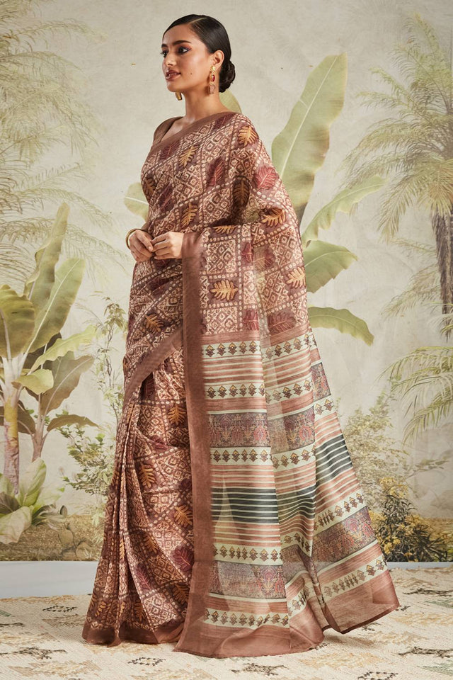 Brown Digital Printed Cotton Ready to Wear Saree