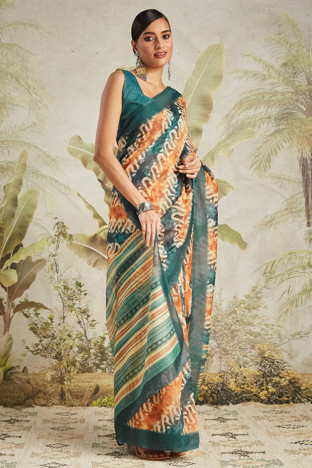 Turquoise Digital Printed Cotton Ready to Wear Saree
