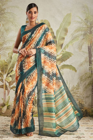 Turquoise Digital Printed Cotton Ready to Wear Saree