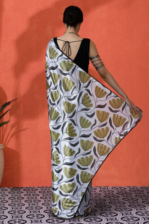 Off White Floral Printed Chinon Saree