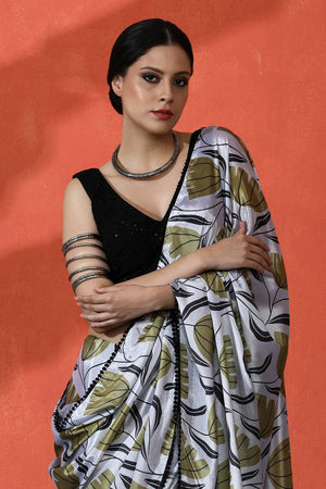 Off White Floral Printed Chinon Saree