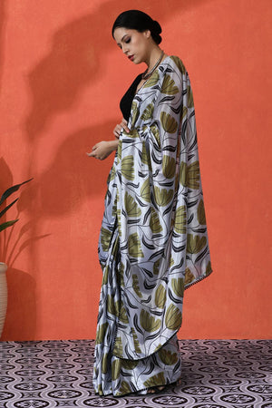Off White Floral Printed Chinon Saree