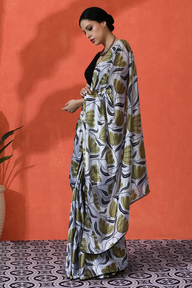 Off White Floral Printed Chinon Saree