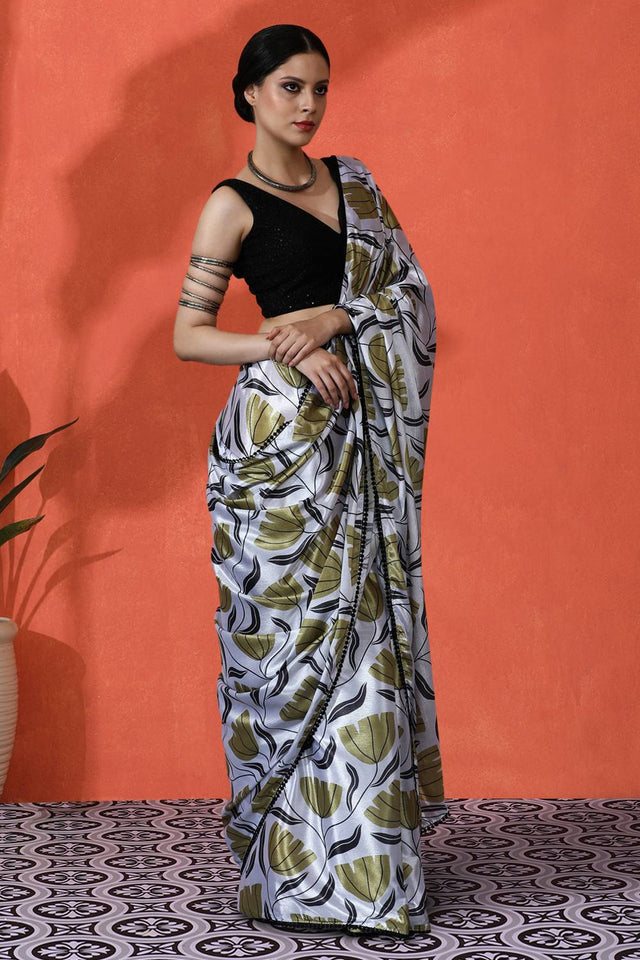 Off White Floral Printed Chinon Saree