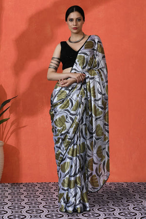 Off White Floral Printed Chinon Saree