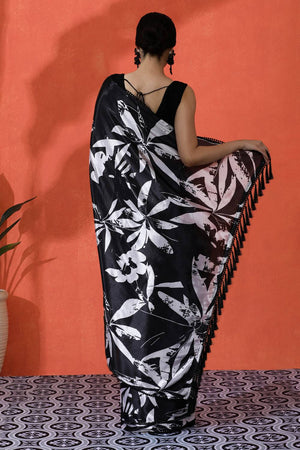 Black Floral Printed Chinon Saree