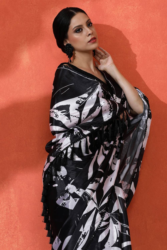 Black Floral Printed Chinon Saree