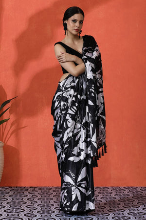 Black Floral Printed Chinon Saree
