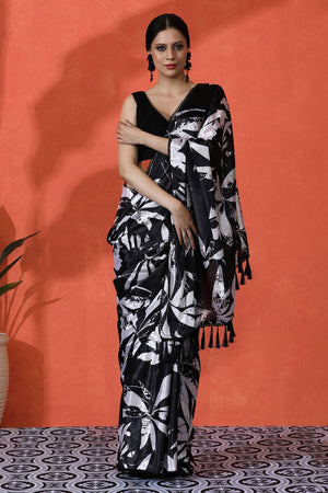 Black Floral Printed Chinon Saree