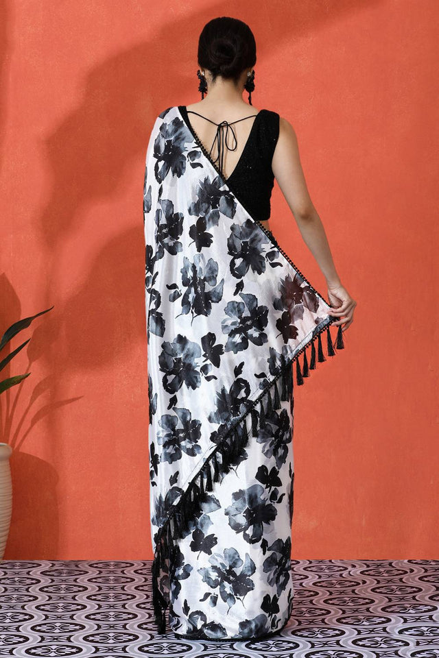 Black Floral Printed Chinon Saree