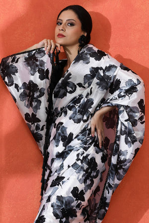 Black Floral Printed Chinon Saree