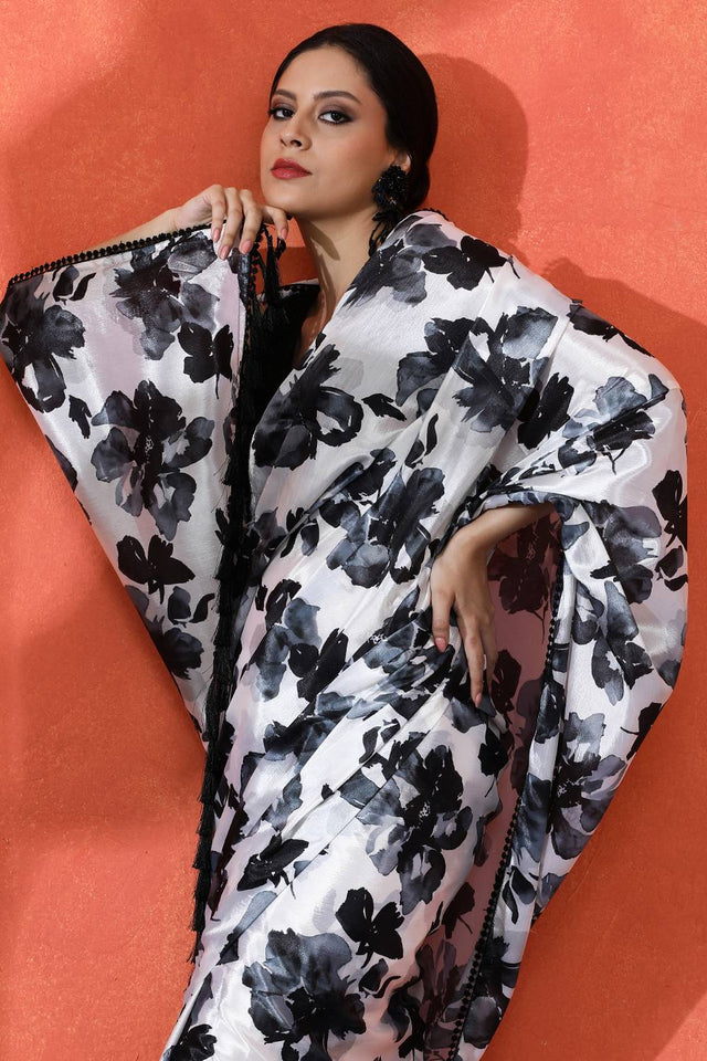 Black Floral Printed Chinon Saree