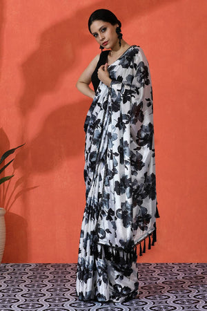 Black Floral Printed Chinon Saree