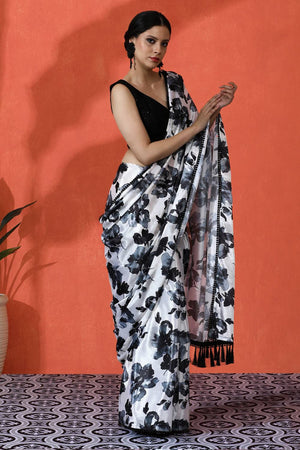 Black Floral Printed Chinon Saree