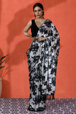 Black Floral Printed Chinon Saree