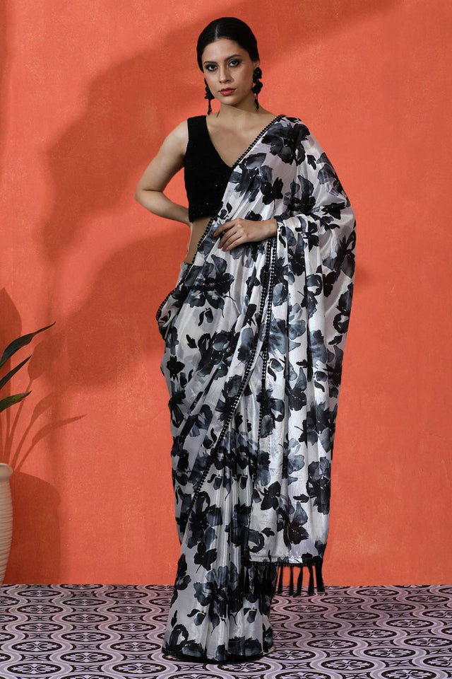 Black Floral Printed Chinon Saree