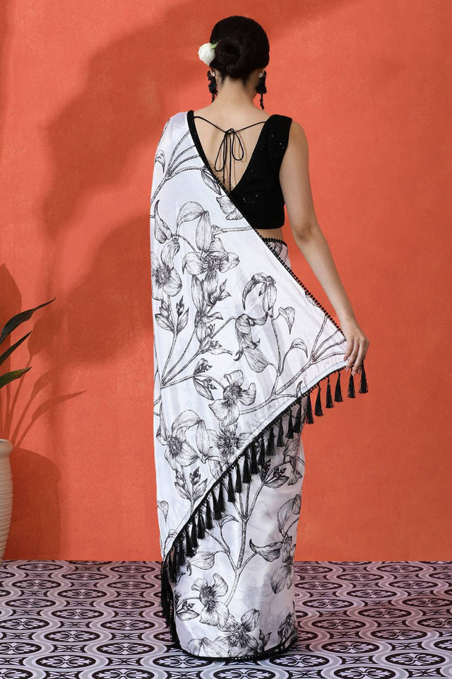 Off White Floral Printed Chinon Saree