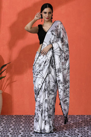 Off White Floral Printed Chinon Saree