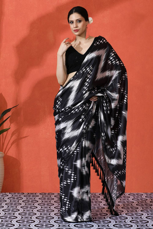 Black Printed Chinon Saree
