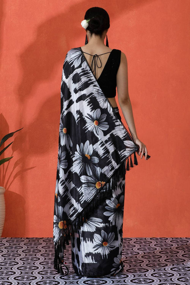 Black Floral Printed Chinon Saree