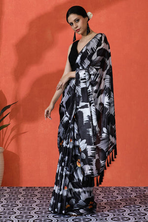 Black Floral Printed Chinon Saree