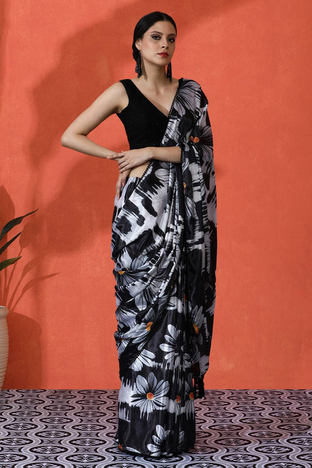 Black Floral Printed Chinon Saree