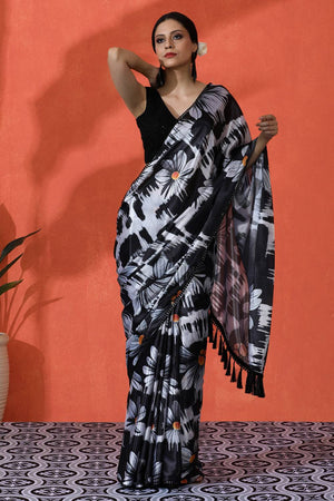 Black Floral Printed Chinon Saree