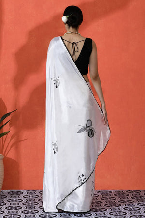 Off White Floral Printed Chinon Saree