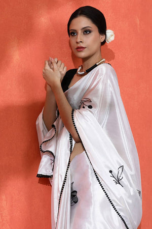 Off White Floral Printed Chinon Saree