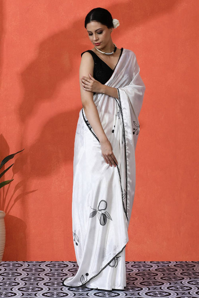 Off White Floral Printed Chinon Saree