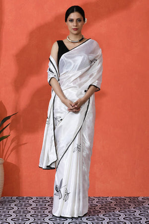 Off White Floral Printed Chinon Saree