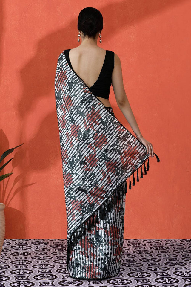 Multy Floral Printed Chinon Saree