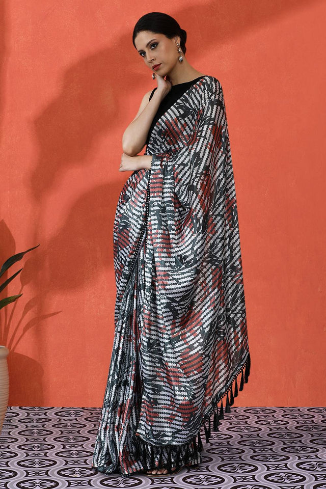 Multy Floral Printed Chinon Saree