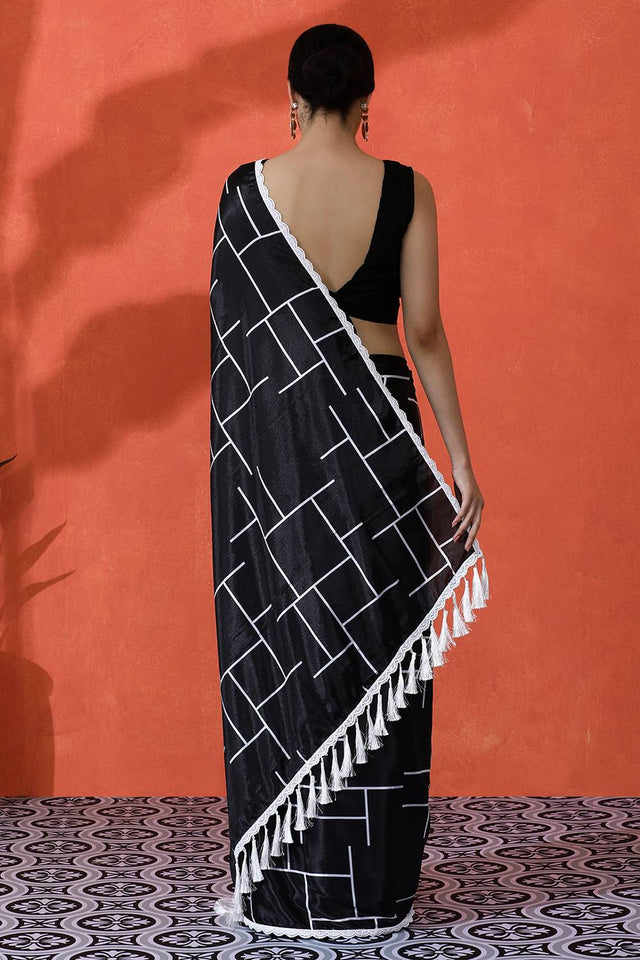 Black Printed Chinon Saree