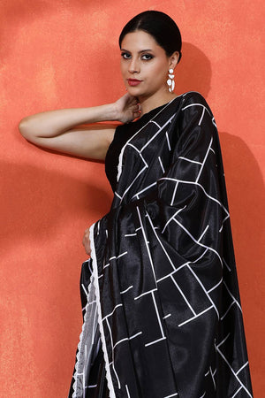 Black Printed Chinon Saree