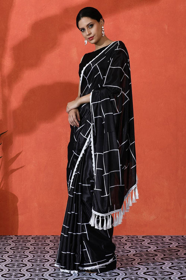 Black Printed Chinon Saree