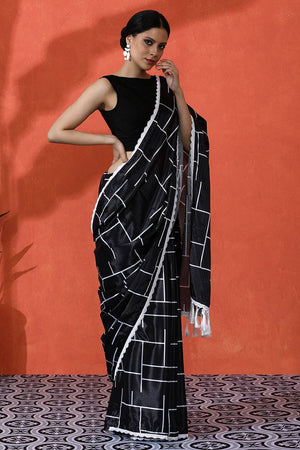 Black Printed Chinon Saree
