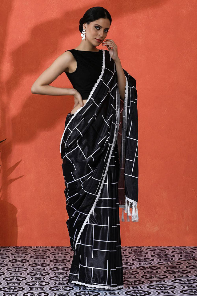 Black Printed Chinon Saree