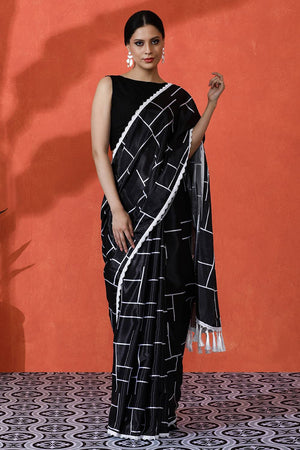 Black Printed Chinon Saree
