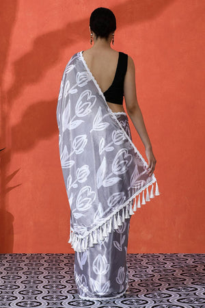 Grey Floral Printed Chinon Saree